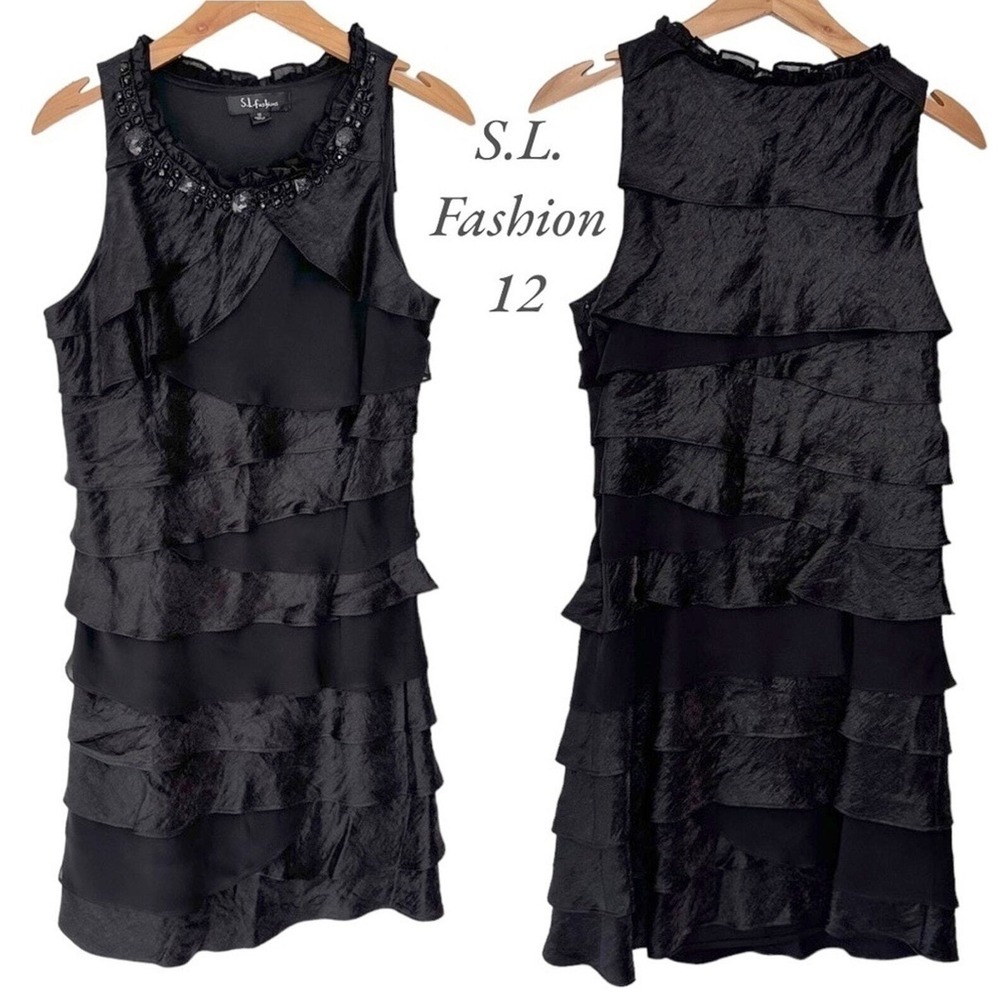 S.L. Fashions Cocktail Dress 12 Black Beaded Neck‎ Tiered Ruffle Sleeveless LBD